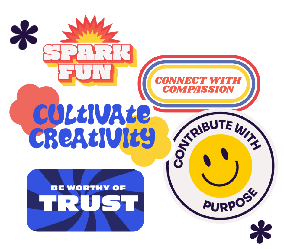 Excelerate America Value Stickers, Spark Fun, Connect with Compassion, Cultivate Creativity, Be Worthy of Trust, Contribute with Purpose